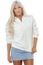 White Textured Pocketed Collared V Neck Pullover Sweatshirt