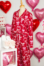 Red Sweet Bow Print Shirt Style Top Long 2pcs Pyjama Set