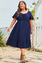 Blue Plus Size Short Sleeve Lace-up High Waist Midi Dress