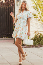 Beige Floral Print Shirred High Waist Puff Sleeve Mini Dress