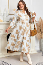 Khaki Patterned Ruffled Sleeve Half Placket Tiered A-line Plus Size Long Dress