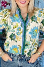 Sky Blue Plus Size Frilled V Neck Short Sleeve Floral Blouse