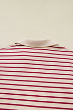 Red Stripe Cropped Collared Drop Shoulder Pullover and Bubble Mini Skirt Set