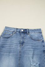 Myosotis Irregular Distressed Bottom Denim Midi Skirt