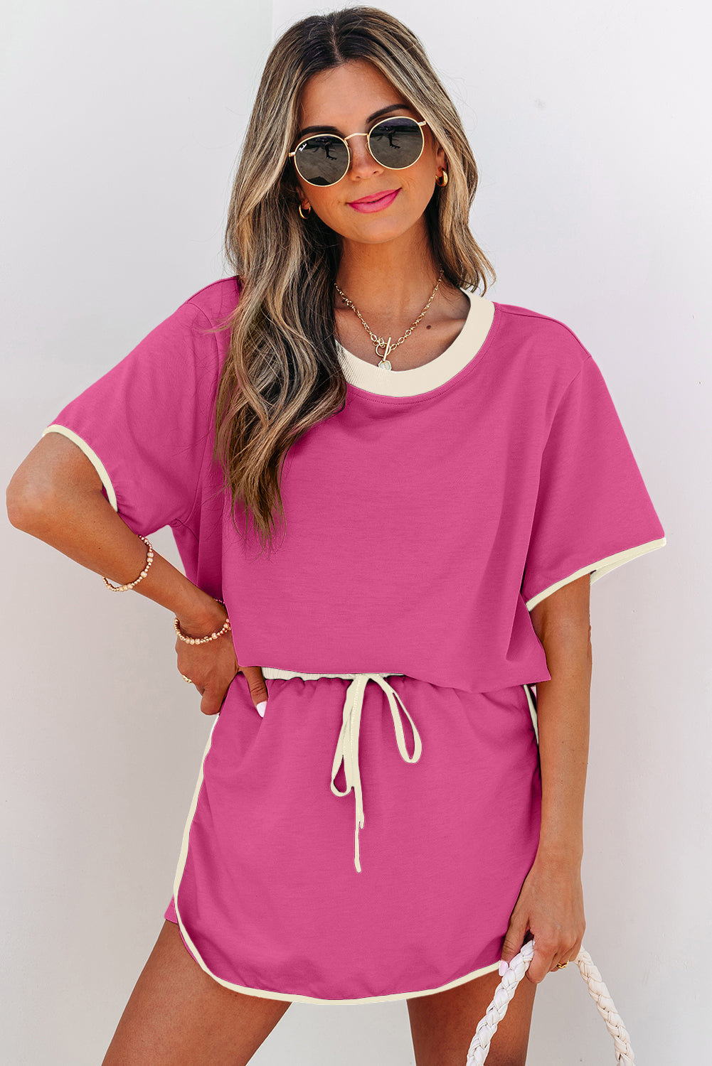 Rose Red Colour block Edge Drop Shoulder T Shirt and Skorts 2Pcs Set