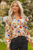 Apricot Ruffled Shoulder Long Sleeve Floral Blouse