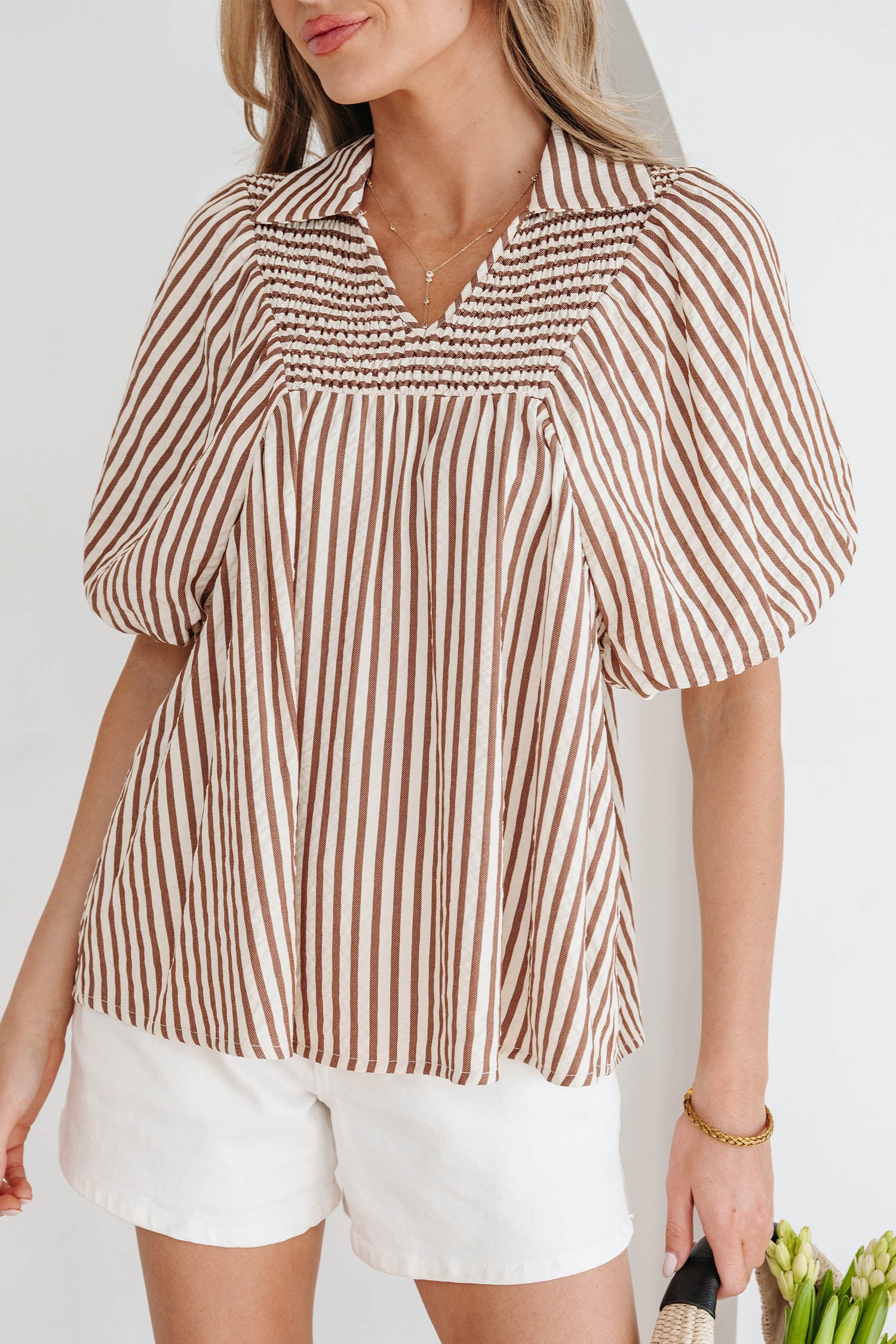 Brown Stripe Shirred V Neck Short Puff Sleeve Blouse