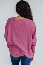Bright Pink Waffle Knit Patchwork Long Sleeve Loose Top