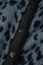 Blue Cow Print Buttoned Stand Collar Fleece Jacket