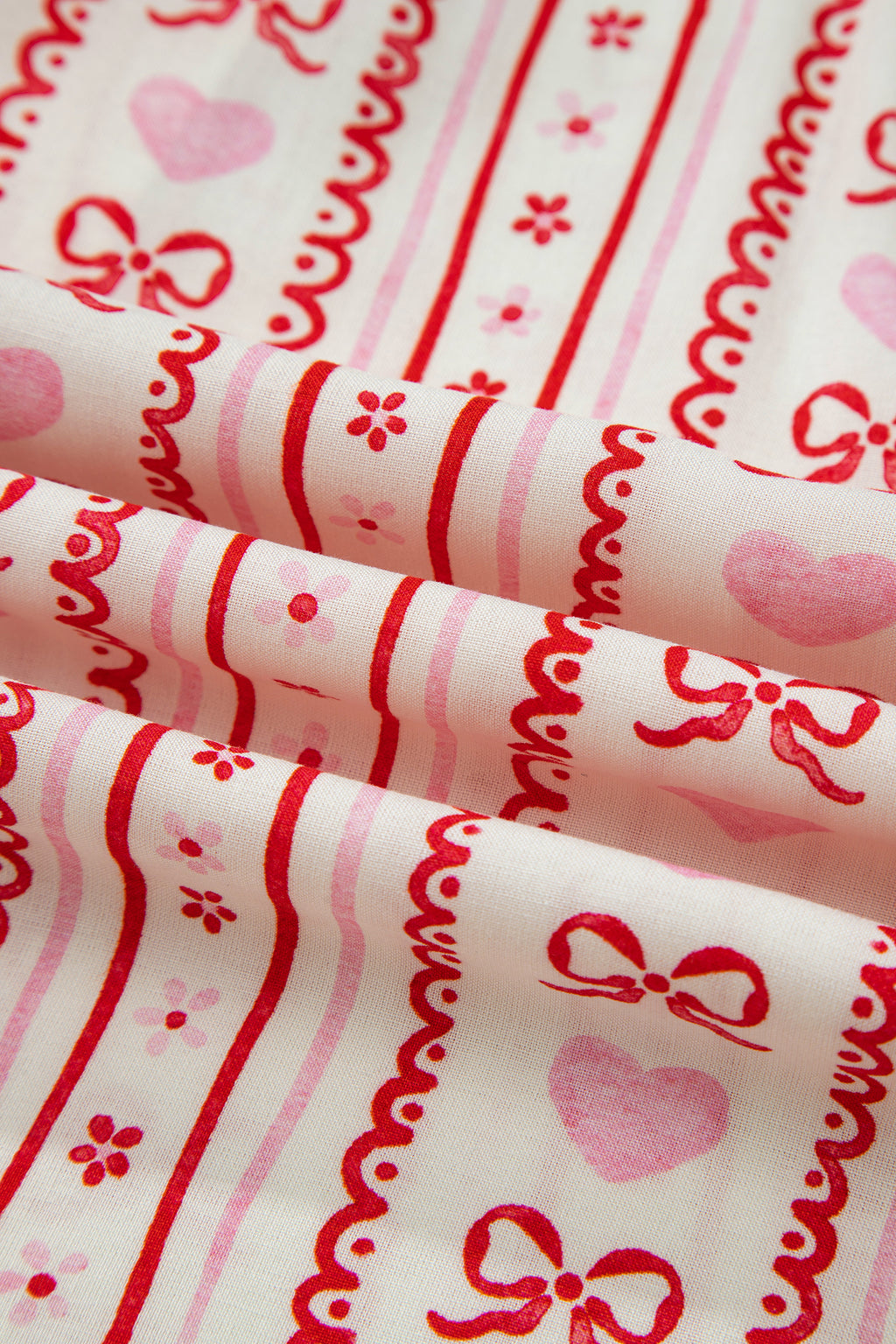 Red Sweet Floral Heart Bow Print Contrast Trim Long Sleeve Shirt Pyjama Short Set