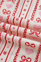 Red Sweet Floral Heart Bow Print Contrast Trim Long Sleeve Shirt Pyjama Short Set