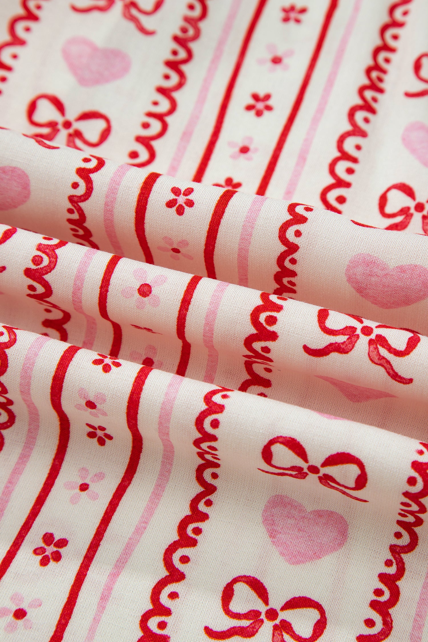 Red Sweet Floral Heart Bow Print Contrast Trim Long Sleeve Shirt Pyjama Short Set