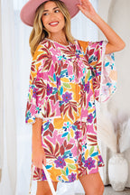 Pink Floral Print Lace Trimmed Tie Back Bell Sleeve Swing Mini Dress