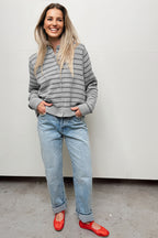 Gray Stripe Button Front Ribbed Trim Short Cardigan