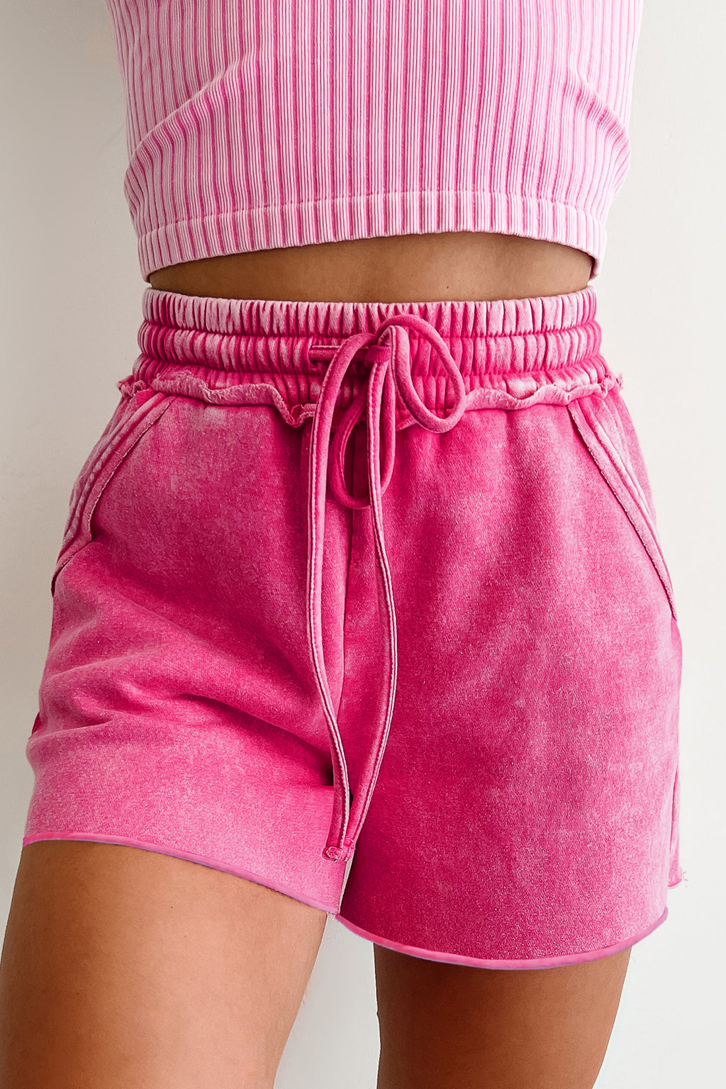 Mineral Washed Drawstring Elastic Waist Raw Cut Shorts