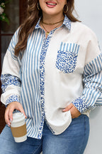 Sky Blue Leopard Striped Patchwork Casual Plus Size Shirt