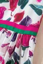 Purple Floral Print Contrast Striped Detail Long Sleeve Mini Dress