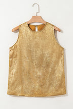 Gold Metal Textured Round Neck Casual Tank Top