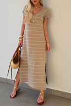 Khaki Stripe Casual Short Sleeve Side Slit Maxi T Shirt Dress