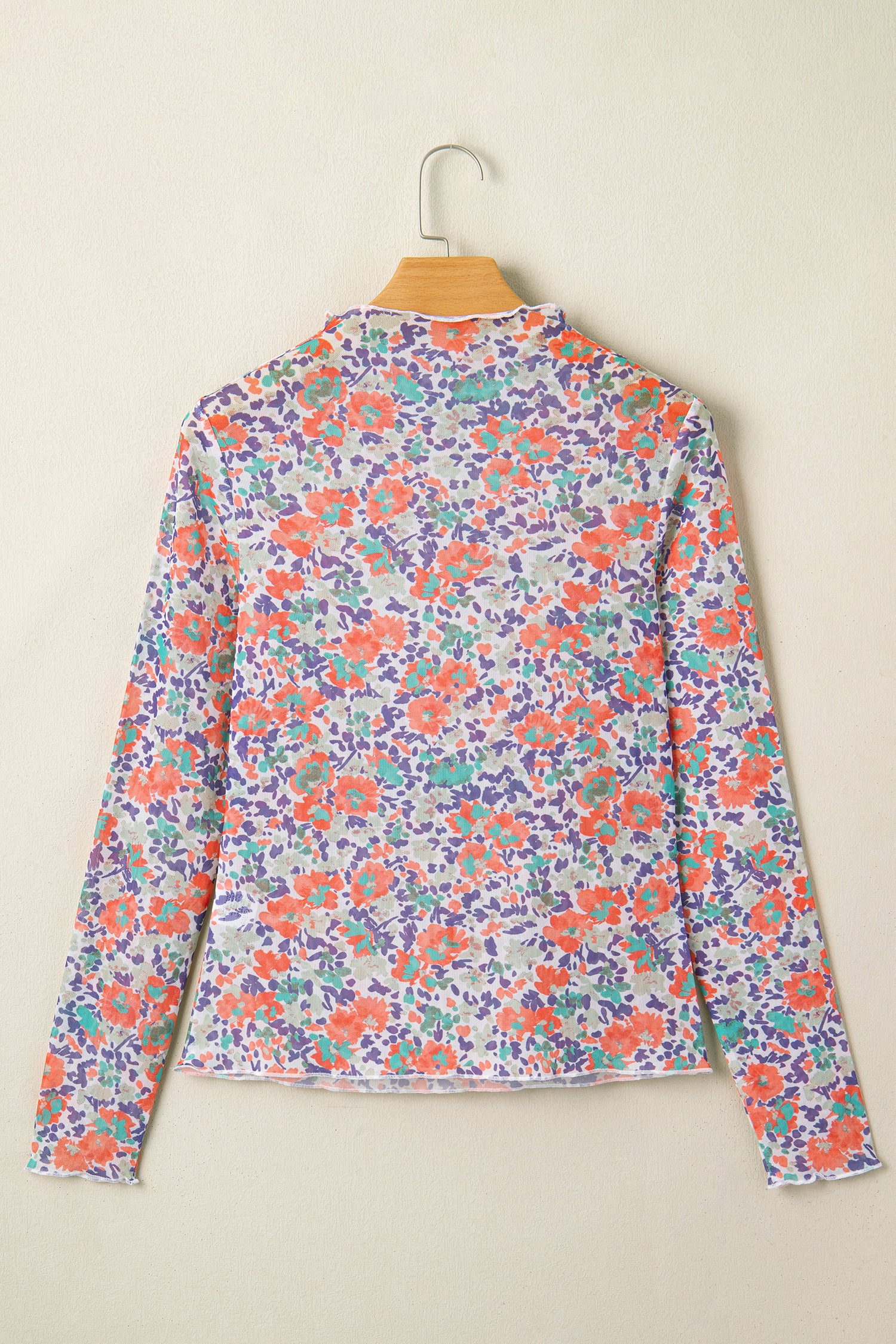 Blue Slim Fit Floral Mesh Long Sleeve Mock Neck Top