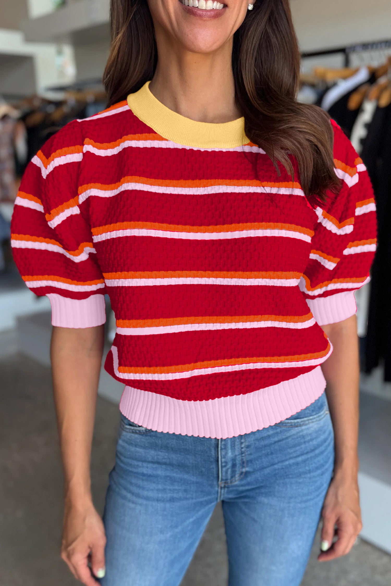 Red Stripe Colorblock Trim Half Sleeve Sweater Top