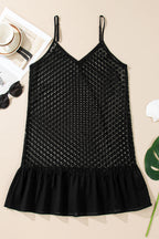Black See Through Patterned Knit Ruffle Hem Patchwork Beach Cover Up