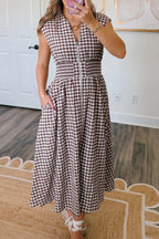 Coffee Plaid Print Full Zipper Cinched Waist Fit Flare Sleeveless Maxi Dress