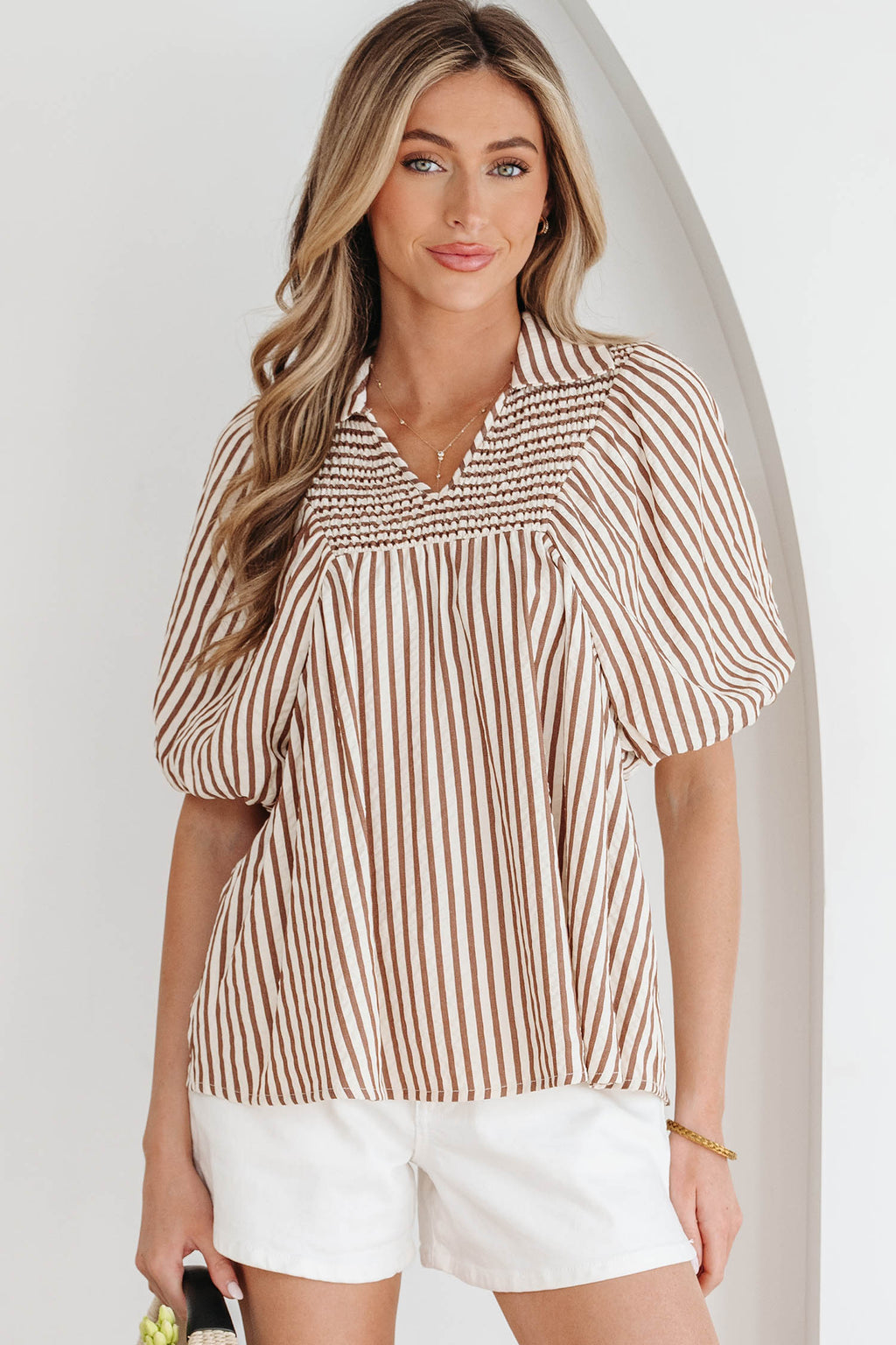 Brown Stripe Shirred V Neck Short Puff Sleeve Blouse