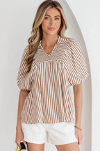Brown Stripe Shirred V Neck Short Puff Sleeve Blouse