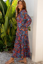 Blue Floral Print Tassel Tie V Neck Long Sleeve Flowy Long Dress