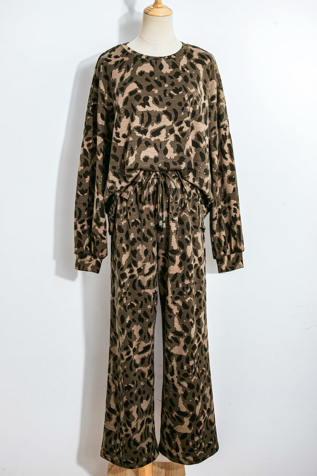 Leopard Print Raw Seam Patchwork Pullover Drawstring Loose Pant Set