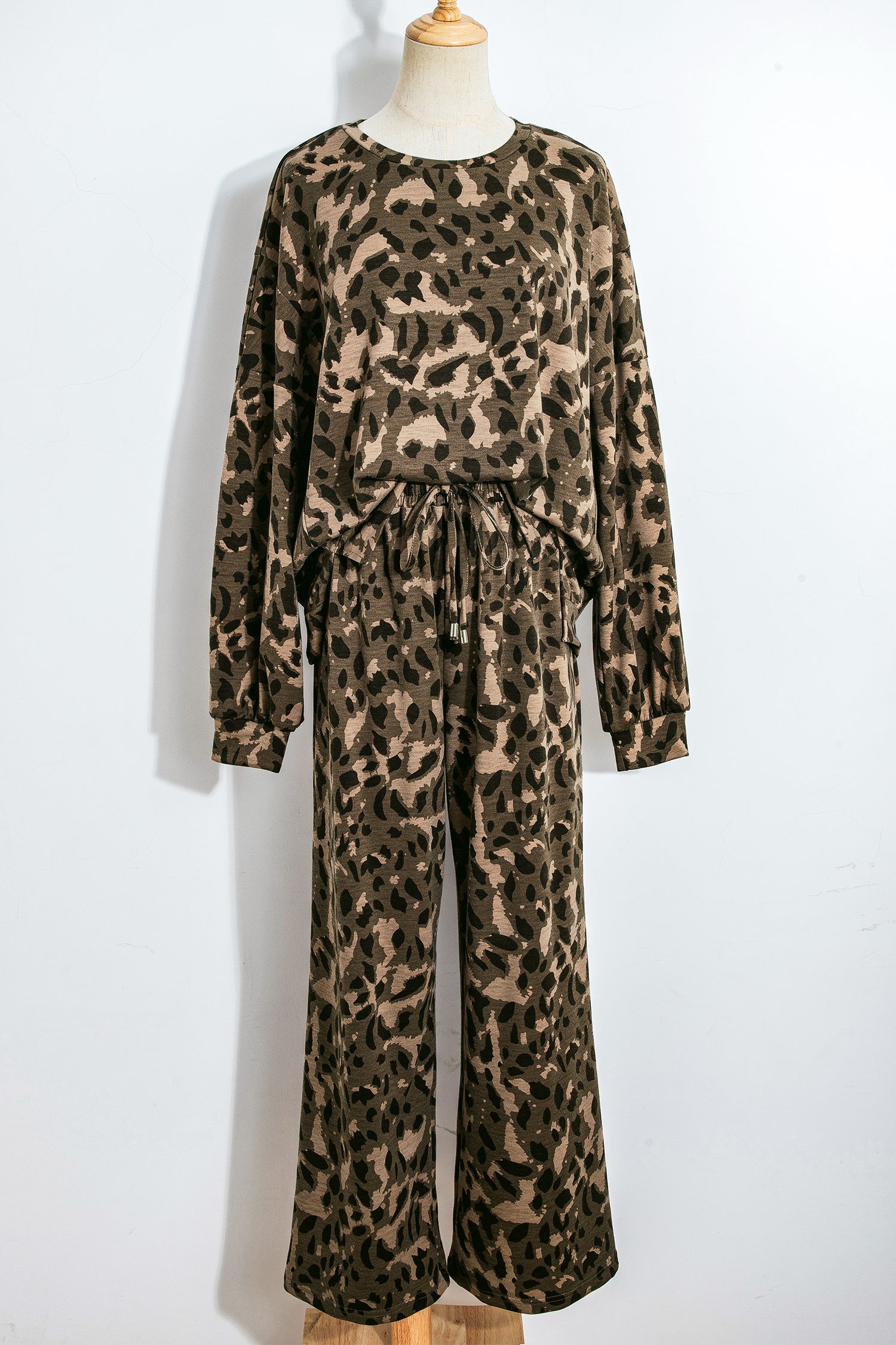 Leopard Print Raw Seam Patchwork Pullover Drawstring Loose Pant Set