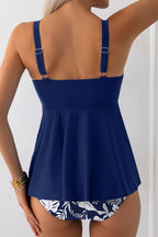 Navy Blue Spaghetti Straps Contrasted Ricrac Trim Flared Tankini 2pcs Swimsuit