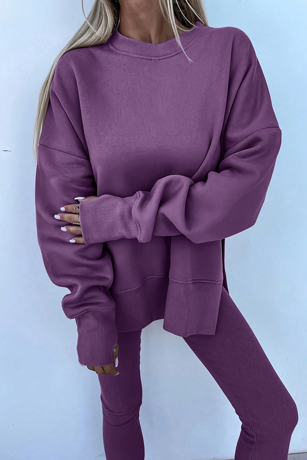 Solid Color Oversize Slit Sweatshirt Ribbed Leggings 2pcs Set