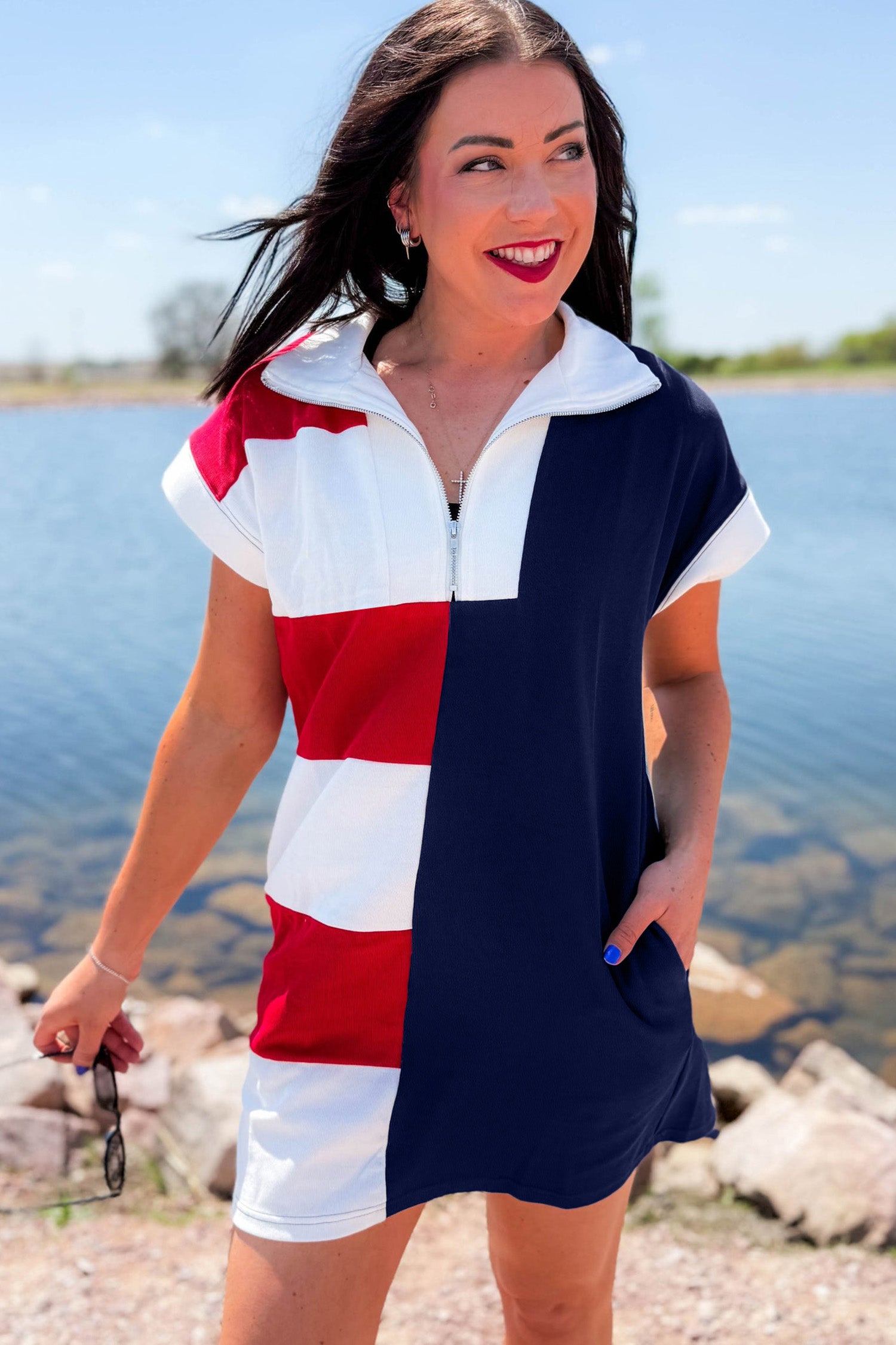 Navy Blue Americana Colorblock Stripes Zip up Collared T Shirt Mini Dress