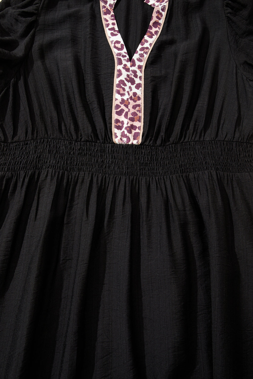 Black Leopard V Neck Patchwork Smocked Waist Plus Size Ruffled Dress