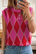 Rose Glitter Trim Rhombus Pattern Knit Sweater Vest
