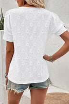 White Flower Geometric Textured Button Short Sleeve Top