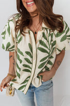 Green Leaf Print Short Balloon Sleeve Shirt