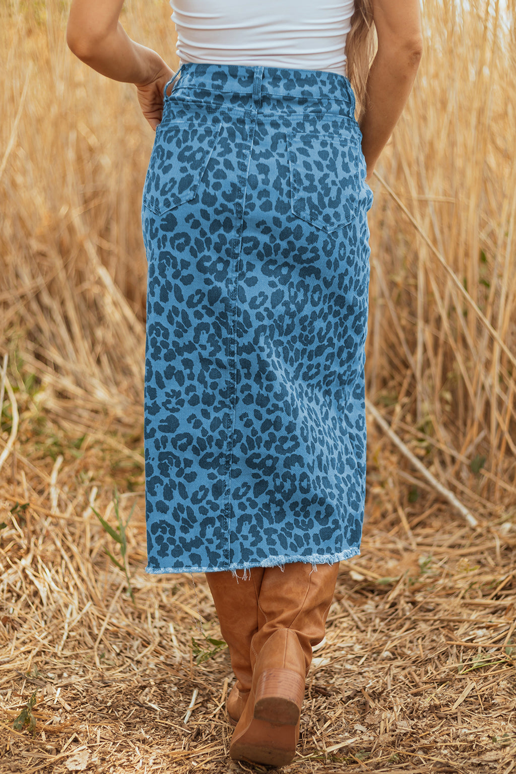 Leopard Denim Frayed Split Denim Midi Skirt
