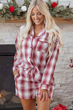 Red Retro Plaid Long Sleeve Shirt Drawstring Shorts 2pcs Lounge Set