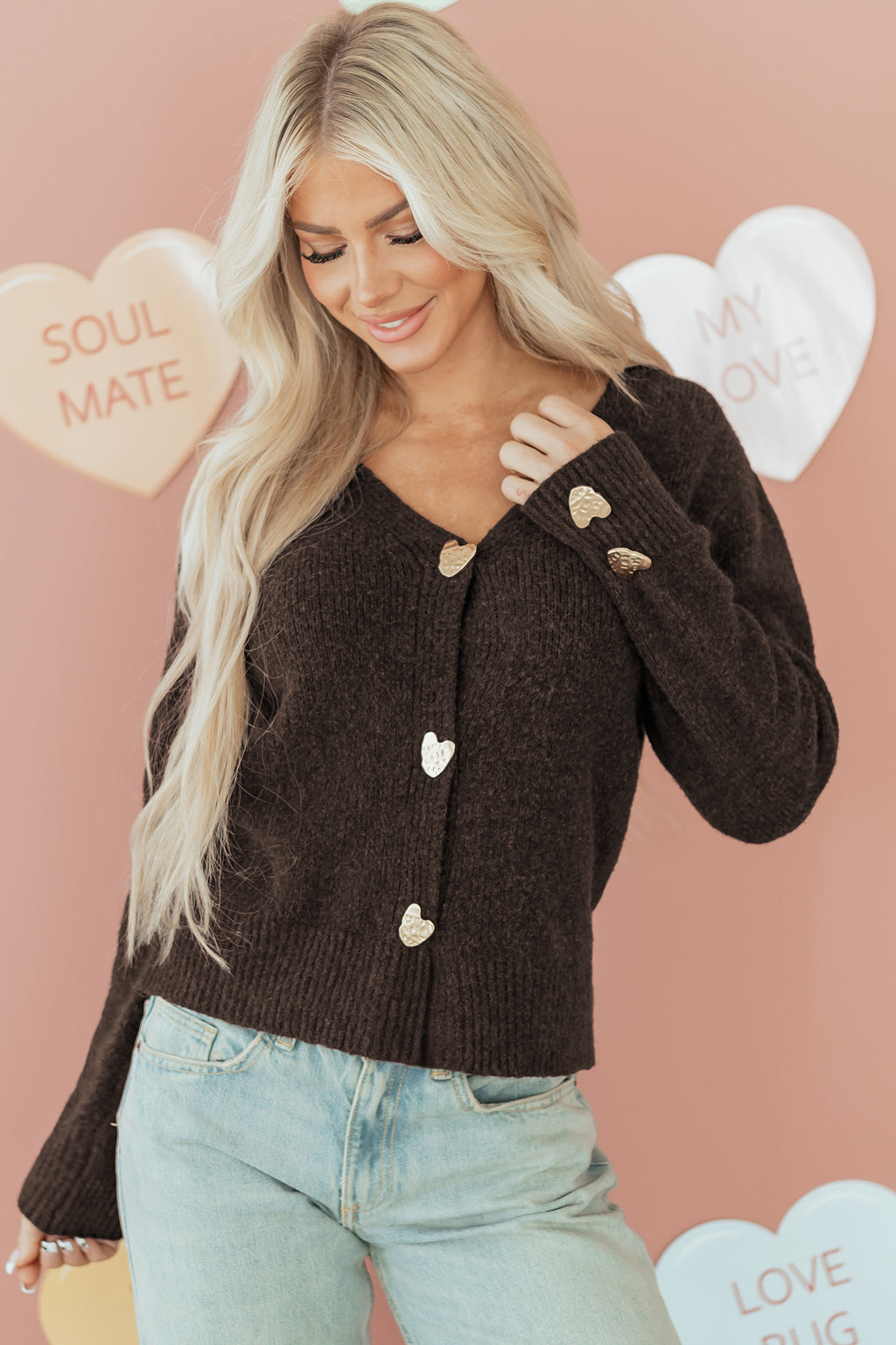 Heart Metal Button V Neck Cardigan Sweater