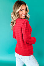 Fiery Red Trendy Pattern Knit Ribbed Cuffs Crew Neck Sweater