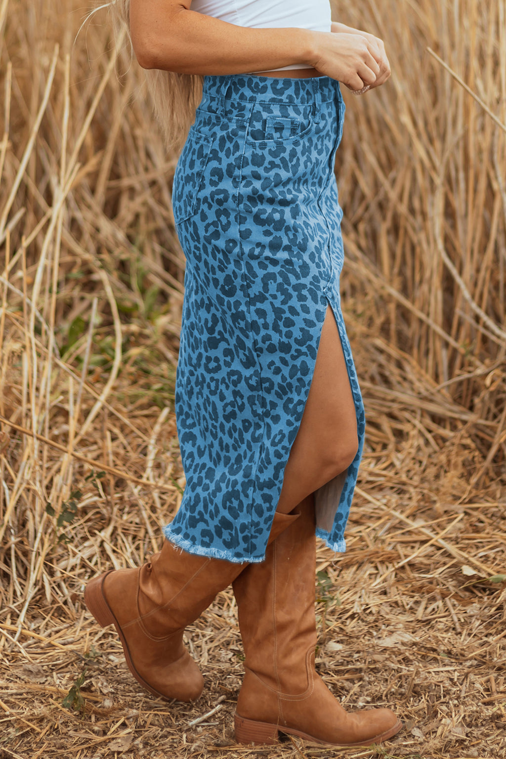 Leopard Denim Frayed Split Denim Midi Skirt