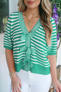 Green Stripe Short Sleeve Knit V Neck Bow Knot Sweater