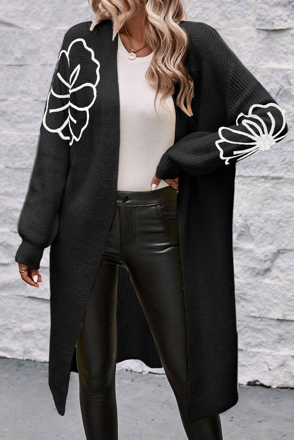 Flower Embroidered Drop Shoulder Open Front Duster Cardigan