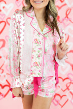 Pink Mixed Floral Print Contrast Piping Trim Satin Tie 2pcs Pajama Set