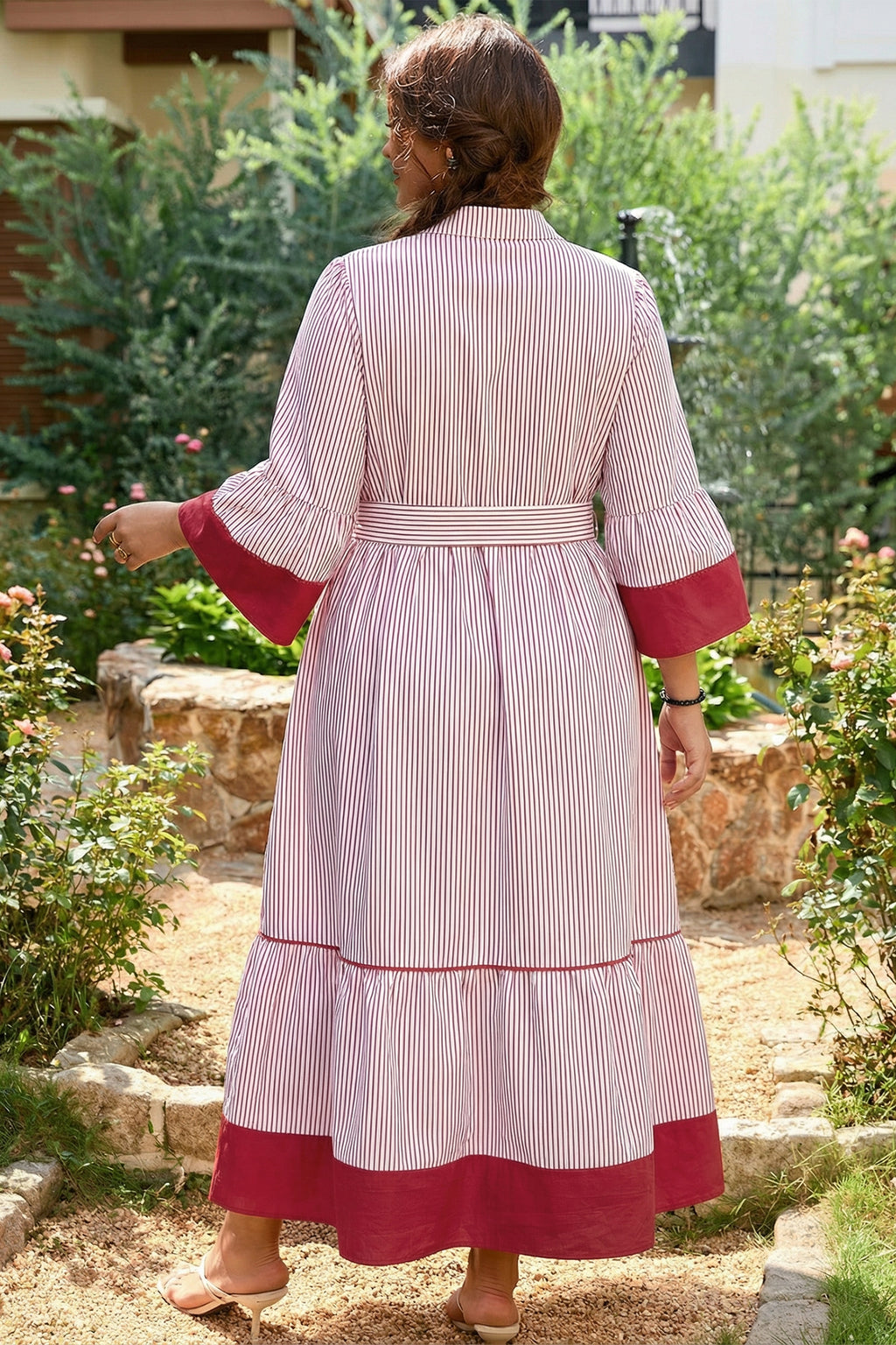 Red Stripe Plus Size Ruffled Hem Pinstriped Midi Dress