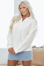 White Textured Pocketed Collared V Neck Pullover Sweatshirt