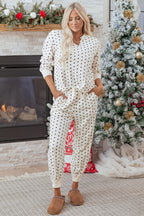 White Polka Dot Print Notched Neck Long Sleeve Top Drawstring Jogger Pants Waffle Knit Lounge Set